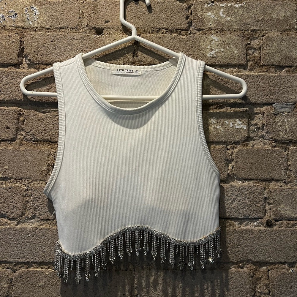 12th Tribe. White, cropped tank with sparkle tassels.